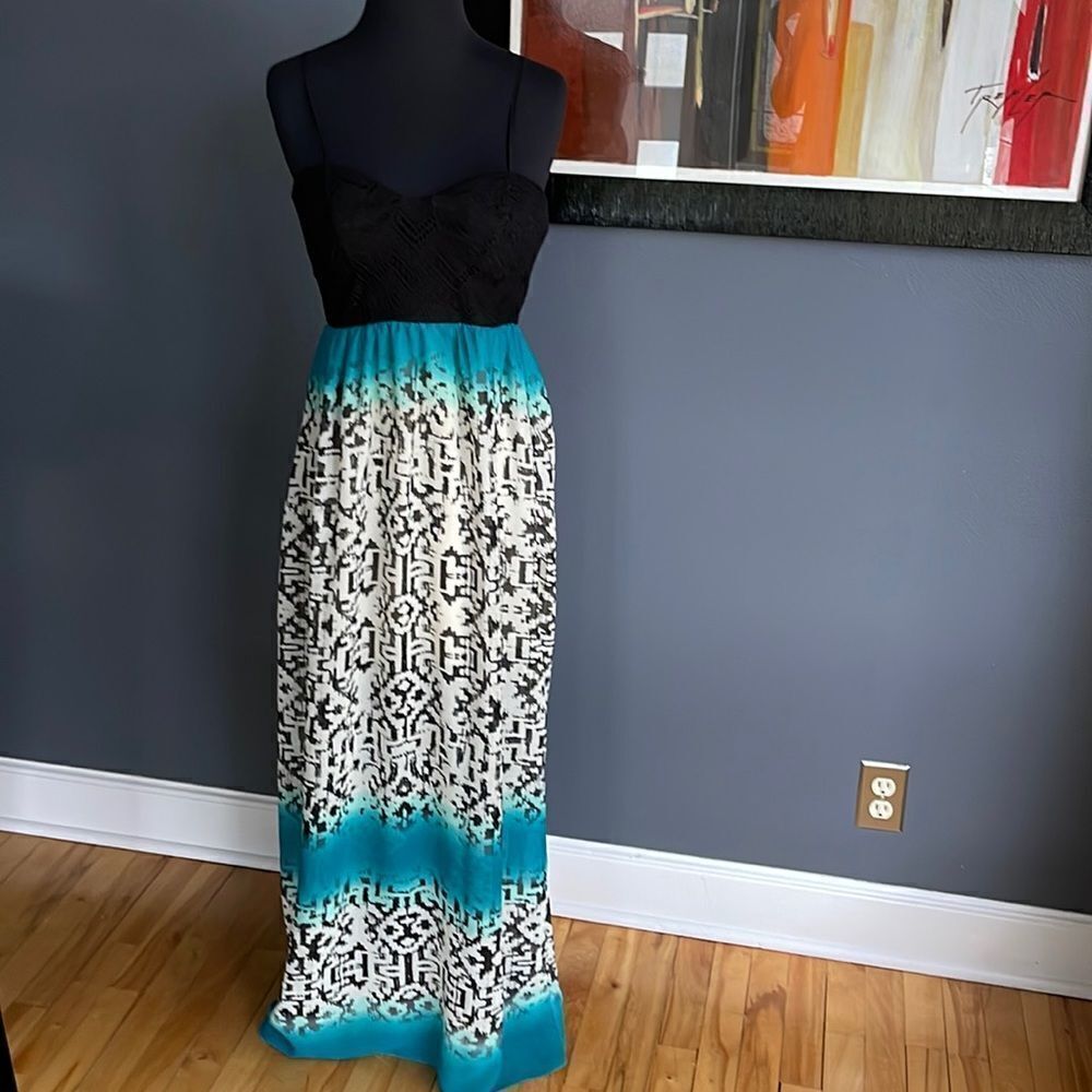 Three Pink Hearts Parisian dusk maxi. Crochet lace bodice. Gathered lined skirt.